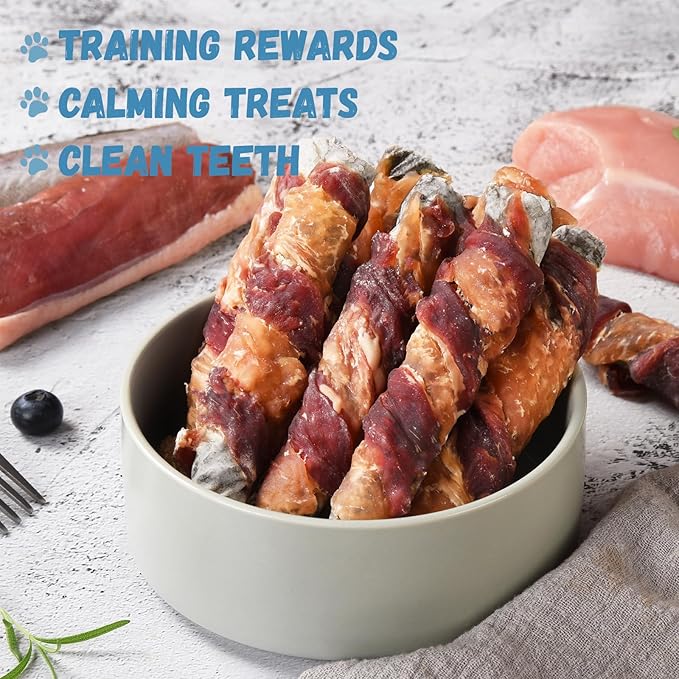 Dog Treats Chicken Duck Wrapped Cod Skin Sticks, Rawhide-Free, Grain-Free Dog Chewy Treats for Healthy Teeth and Coat,Training Treats for Small Medium Large Dogs, 9-10 Counts