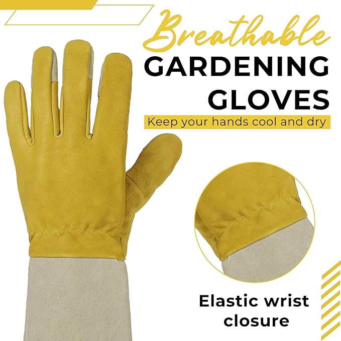 HANDLANDY Rose Pruning Gardening Gloves for Men Women, Thorn Proof Forearm Protection Leather Garden Gloves, Gardening Gifts for Gardeners (Yellow- goatskin, Small (Pack of 1))