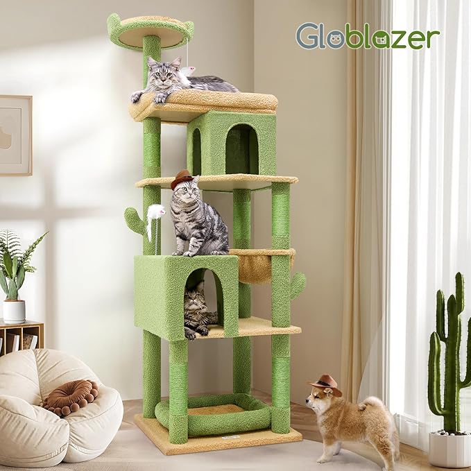 Globlazer Heavy Duty Cactus Cat Tree for Large Cats, Sturdy 72in Maine Coon Cat Tree for Large Cats 20 lbs+ Cactus Cat Tower for Adult Biggest Cats with 6 Scratching Posts, Hammock, S72, Green