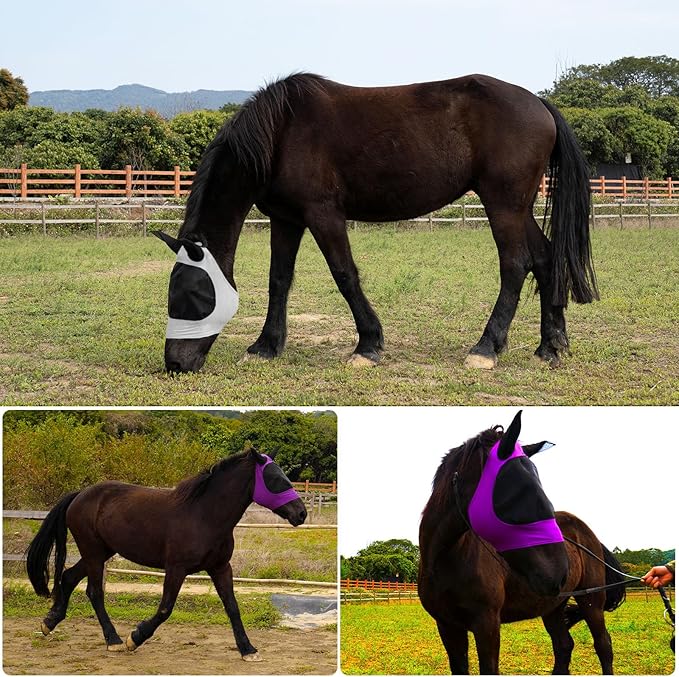 2 Piece Horse Fly Mask with Ears, Comfortable Fit Stretch Fabric Big Eye Space Soft Breathable with UV Protection for Full Horses (Purple-Gray)