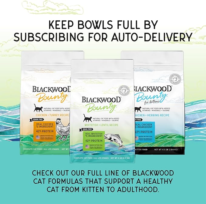 Blackwood Bounty Dry Cat Food, Whitefish & Lentil Recipe for All Life Stages, 2 Pound Bag, High Protein, Grain Free