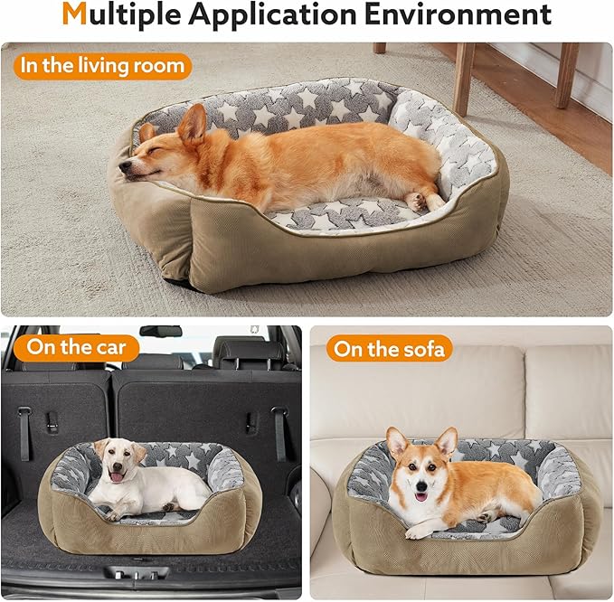 SIWA MARY Rectangle Dog Bed for Small Medium Dogs, Calming Dog Bed Small Size Dog, Orthopedic Dog Sofa Bed, Washable Soft Calming Sleeping Dog Soft Puppy Bed, Non-Slip Bottom, S (20"x 19"x 6"),Brown
