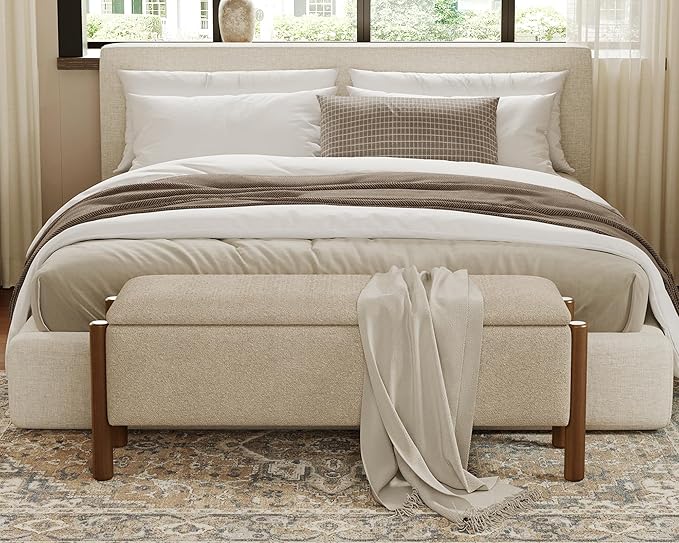Storage Ottoman Bench, End of Bed Bench for Bedroom, 47" Boucle Upholstered Entryway Shoe Seat Bench, Holds up to 660 lb Storage Ottoman, Padded Blanket Chest Stool Foot Rest for Living Room Beige
