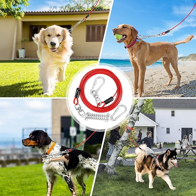 Jenico Dog Tie Out Cable - 10/15/20/30/40/50/70/100/150FT Runner Cable with Swivel Hook and Shock Spring, Outdoor and Camping Dog Leash Run Tether for Small to Medium Pets Up to 500 LBS