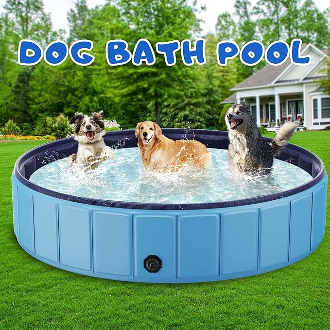 Foldable Dog Swimming Pool, Totiro 91"x16" Oversize Collapsable Hard Plastic Portable Bathing Tub for Pet Dog Kiddie Pool Indoor and Outdoor Leakproof PVC Play Pool for Large Dogs Pets Puppy Kids Blue