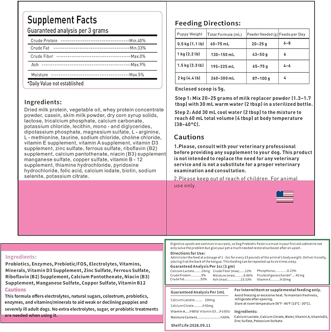 4 in 1 Whelping Kit for Dogs - Whelping Calcium Paste, Probiotic Paste, Fading Puppy Support & Puppy Milk Replacer - Essential Dog Whelping Supplies for Safe Delivery, Strong Puppies & Nursing Support