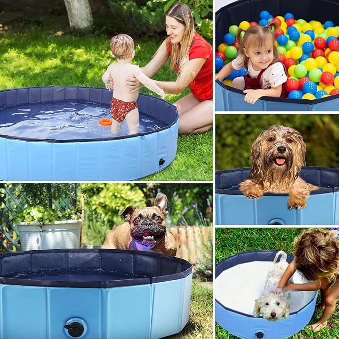 Foldable Dog Bath Swimming Pool Plastic Kiddie Pool Professional Tub Collapsible Grooming Bathtub for Pets Kids Baby and Toddler, 32 x 8 Inches Blue