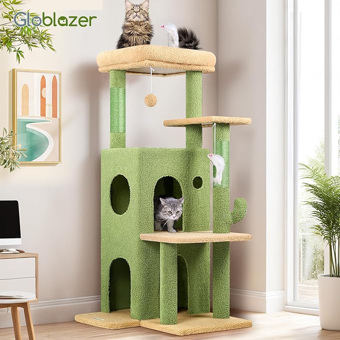 Globlazer Cactus Cat Tree Tower for Indoor Cats, 50-inch Adult Cat Tree House for Large Adult Cats with Steps, Scratching Post, 2 Cat Caves, Dangling Toys, FC50, Green