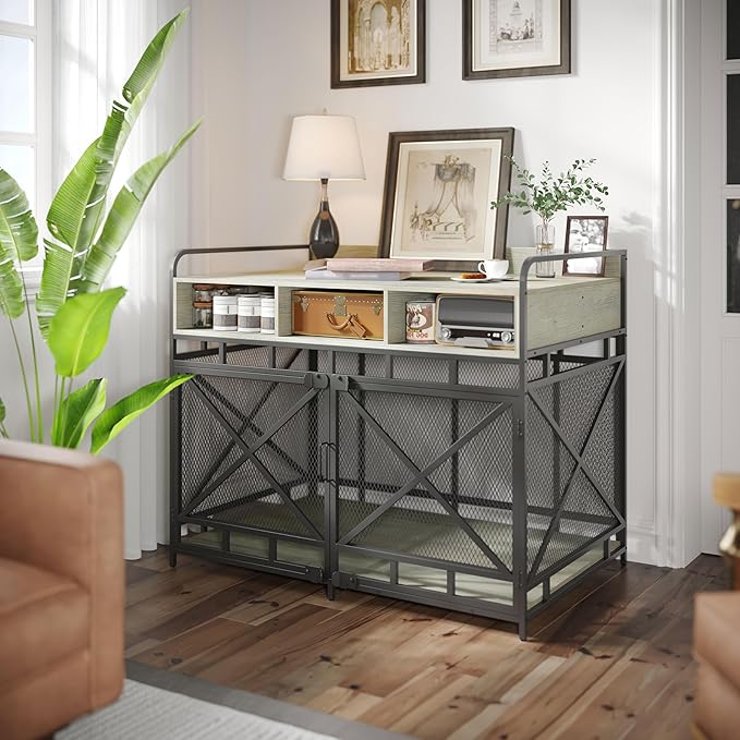 Dog Crate Furniture, 43" Heavy Duty Wooden Dog Crate End Table, XL Dog Kennel Furniture Large Breed, Decorative Dog Kennel Indoor with 3 Drawers & Steel Tubes 43" L x28 W x36 H (Grey)