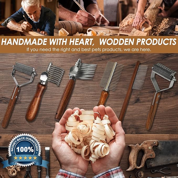 Dog Dematting Comb with Wooden Handle & Detangling Brush - Stainless Steel Undercoat Rake for Long & Thick Haired Dogs & Cats, Professional Grooming Tool for Deshedding and Matted Fur Removal