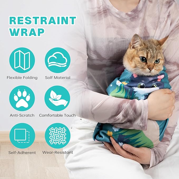 Cat Grooming Wrap, Cat Wrap for Cutting Nails, Self-Adherent Fabric Wrap for Cats, Cat Burrito Wrap Anti-Scratch, Anti-Escape, Multifunctional Swaddle Wrap Pet Tool 35.4×35.4"