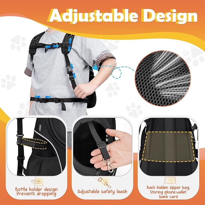 WOYYHO Pet Dog Carrier Backpack with Top and Side Windows, Small Dog Front Backpack Ventilated Mesh Dog Back Pack with Safety Belt for Travel Hiking Outdoor Adventures (Size M: 5-9 lbs, Black 2.0)