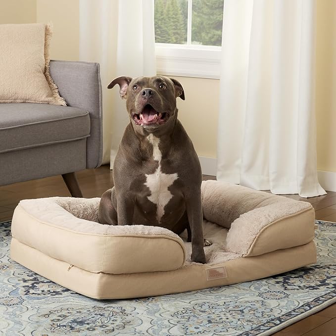 TOWN & COUNTRY EVERYDAY CuddleTown Comfy Solid Bolster Sofa Pet Bed, Supportive & Calming Egg Crate Foam, Non-Slip Bottom, Machine Washable Cover, Warm Taupe, Large 35"x25"x8"