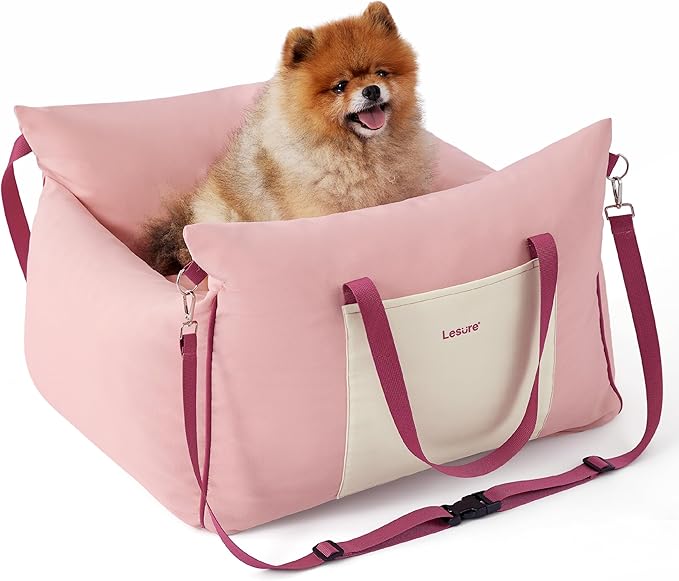 Lesure Small Dog Car Seat for Small Dogs -Soft Dog Booster Seat for Car with Storage Pocket and Clip-On Safety Leash and Thickened Memory Foam Filling, Pet Travel Carrier Bed Strawberry Cream