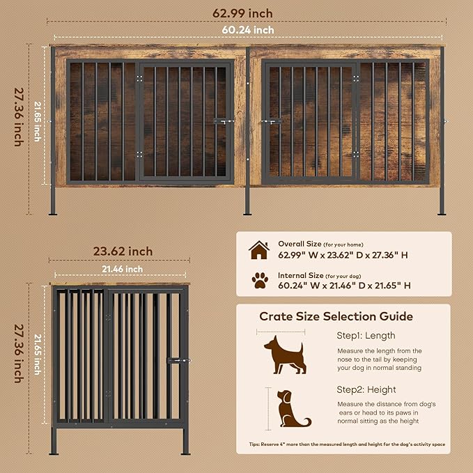 63 in Dog Crate Furniture for 2 Large/Medium Dogs with Removable Divider, Extra Large Double Doors Dog Kennel, XXL Thick Wooden Dog Cage Furniture,Sturdy and Durable, Brown
