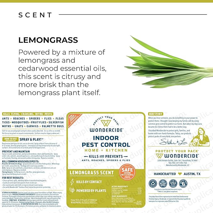 Wondercide - Indoor Pest Control Spray for Home and Kitchen - Ant, Roach, Spider, Fly, Flea, Bug Killer and Insect Repellent - with Natural Essential Oils - Pet and Family Safe — Lemongrass 128 oz