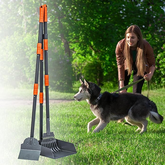 Niubya Pooper Scooper for Dogs, Metal Poop Scooper Tray Spade and Rake Set, Poop Scoop with Adjustable Long Handle, Dog Pooper Scooper for Pet Waste Removal