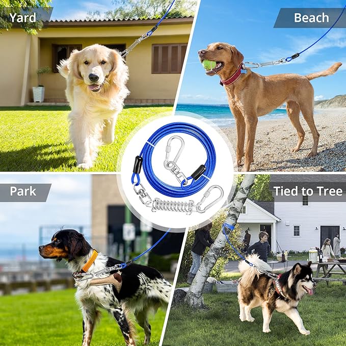Jenico Dog Tie Out Cable - 10/15/20/30/40/50/70/100/150FT Runner Cable with Swivel Hook and Shock Spring, Outdoor and Camping Dog Leash Run Tether for Small to Medium Pets Up to 500 LBS