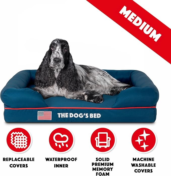 The Dog’s Bed, Medium Blue Oxford with Red Trim USA Flag Dog Bed 30x23.5, Memory Foam, Pain Relief, Post Surgery, Lameness, Supportive, Calming, Waterproof Washable Cover Cover, Veterinary Approved