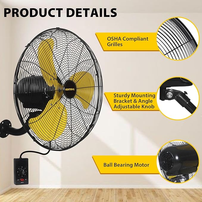 VENTISOL 20 Inch Wall Mount Fan Oscillating, High Velocity Industrial Wall Fan for Indoor, Commercial, Residential, Warehouse, Greenhouse, Workshop, Basement