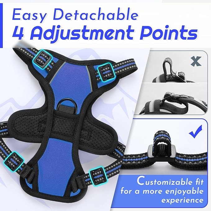 Eagloo Small Dog Harness No Pull, Service Vest with Reflective Strips and Control Handle, Adjustable and Comfortable for Easy Walking, No Choke Pet Harness with 2 Metal Rings, Blue, XS
