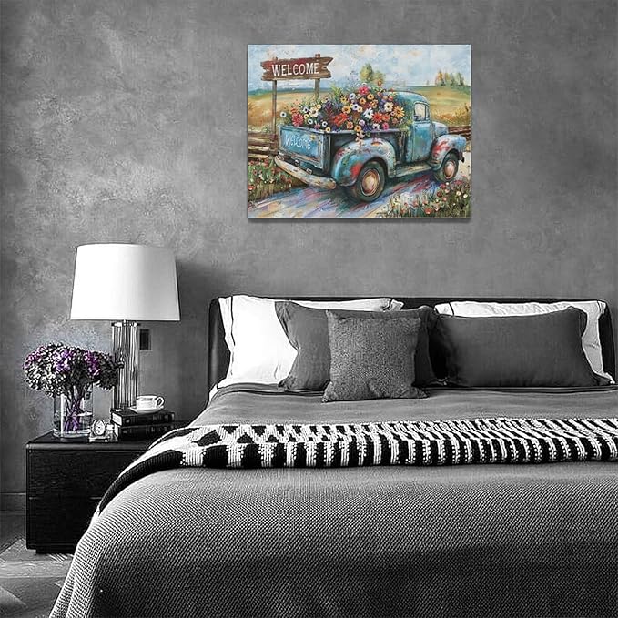 Farmhouse Truck Wall Art Rustic Country Wildflowers Wall Decor Road Flowers Landscape Pictures Canvas Print Painting Artwork for Bathroom Living Room Bedroom 12"x16"