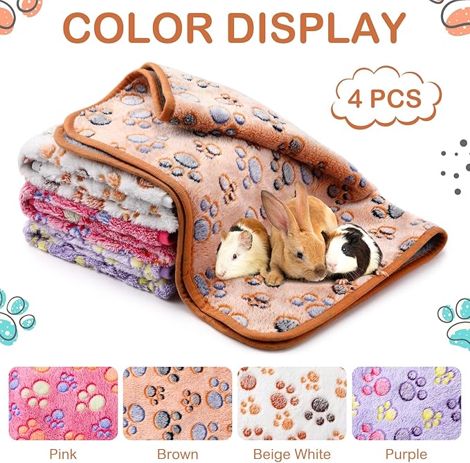 Reginary 4 Pcs Waterproof Guinea Pig Blankets Washable Small Animal Fleece Bedding Absorbent Guinea Pig Cage Liners Reusable Pet Pee Pad Sleep Mat for Hamster Ferret(Paw Print,28 x 14 Inch)