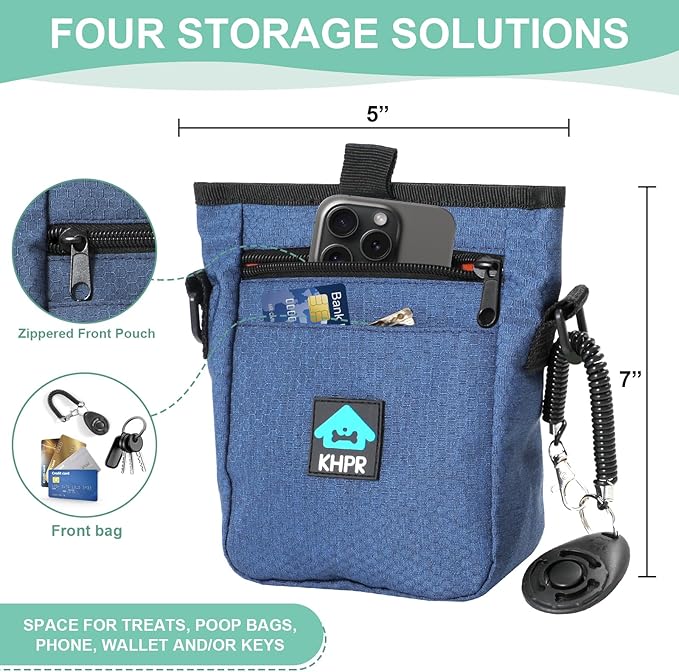Dog Treat Pouch Magnetic Closure with Training Clicker,Hands-Free Design to Prevent Spills,Built in Poop Bag Dispenser,3 Ways To Wear,Metal Clip Waist Belt and Fanny Pack for Pet Walking(Blue)