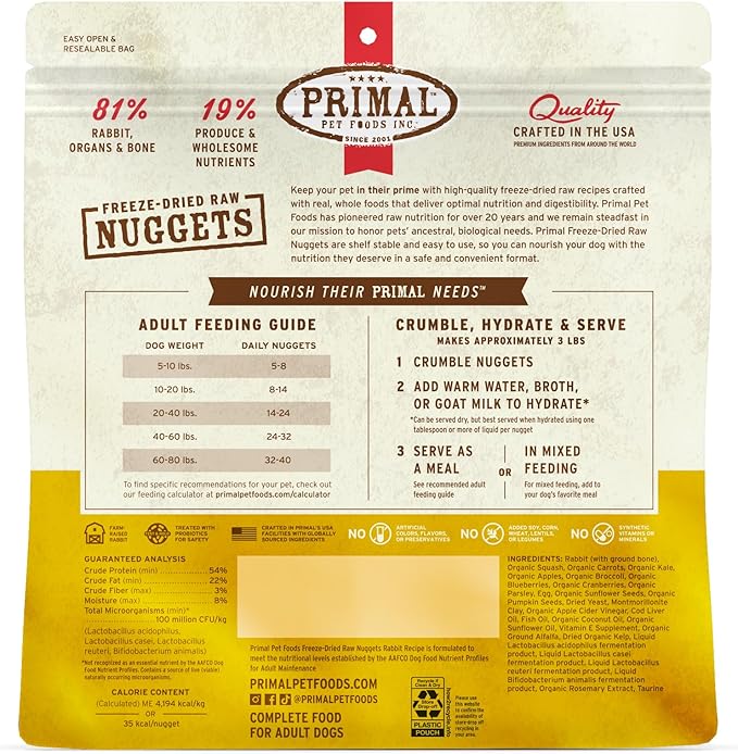 Primal Freeze Dried Raw Dog Food Nuggets, Rabbit, Complete & Balanced Meal, Also Use as Topper or Treat, Premium, Healthy, Grain Free, High Protein Raw Dog Food, 14 oz