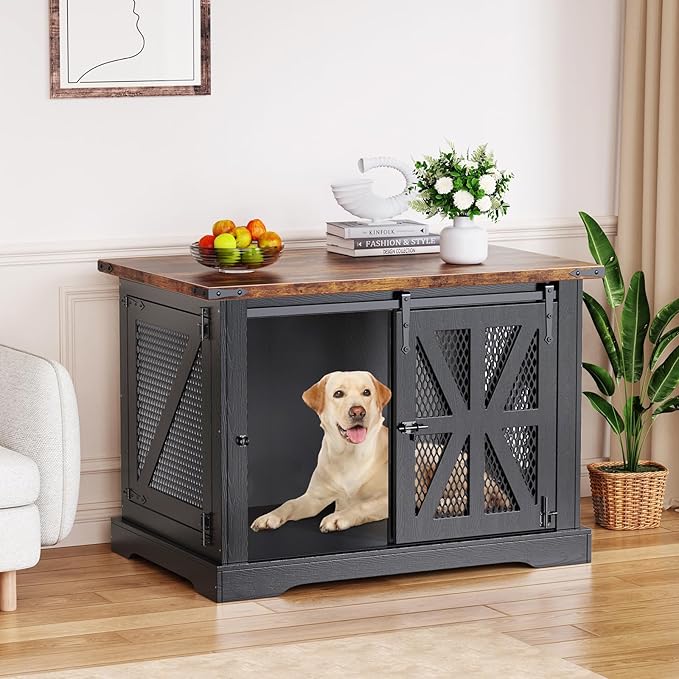 VOPEAK 40" Farmhouse Dog Crate Furniture, Heavy Duty Dog Cage for Medium Large Dogs, Dog Crate Dog Kennel Indoor with Double Doors, Chew Resistant End Table for Bedroom Living Room, Black