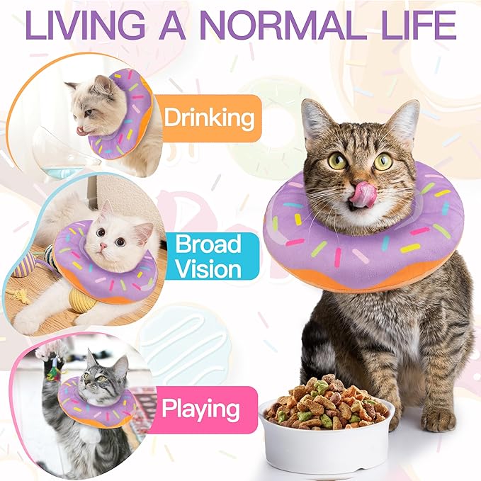 Cat Cone Collar Soft, Cute Cat Donut Collar After Surgery, Adjustable Kitten Recovery Cones to Stop Licking, Lightweight Neck Elizabethan Collars for Cats Kittens (Purple, Medium)