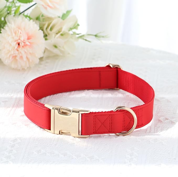PET ARTIST Soft PU Leather Dog Collar, Bright & Classic Red Dog Collar with Quick Release Rose Metal Buckle, Adjustable Nylon Padded Durable Pet Collars for Small Dogs Girl, Neck Fit 9-14"
