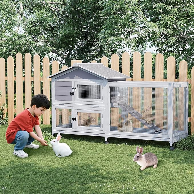 2-Tier Rabbit & Chicken House Mobile,Wooden Chicken Coop & Bunny Cage with Non-Slip Ramp, 4 Doors,Waterproof Roof & Pull-Out Tray,Outdoor/Indoor Pet Cage Movable