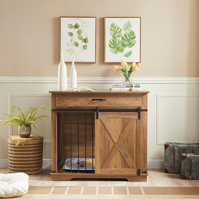 EDYO LIVING 38" Large Dog Crate Furniture with Sliding Barn Door, Wooden Dog Kennel with Drawer for Storage, Water Resistant Indoor Furniture Style Dog Crate for Small/Medium/Large Dog, Rustic Oak