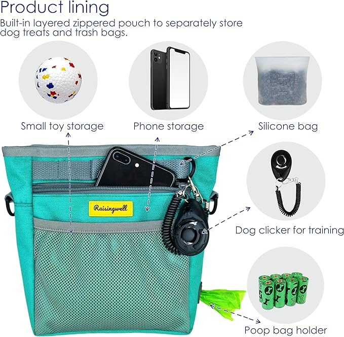 Dog Treat Pouch with Magnetic Closure 4-Cup Silicone Bag Fanny Pack Holder with Clicker 4 Ways to Wear Front Pocket Fits All Phones Ideal for Leash, Pet Walking and Training(Green)