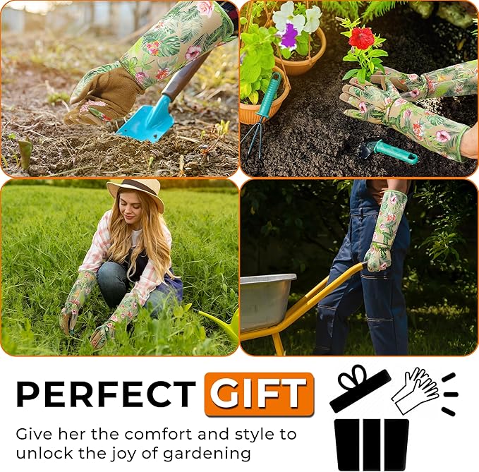 HANDLANDY Leather Gardening Gloves for Women, Thorn Proof Breathable Ladies Rose Pruning Garden Gauntlet Yard Gloves, Gift for Gardeners (Khaki, L)