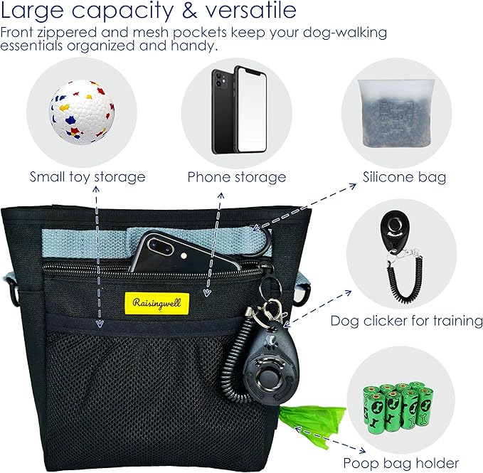 Dog Treat Pouch with Magnetic Closure 4-Cup Silicone Bag Fanny Pack Holder with Clicker 4 Ways to Wear Front Pocket Fits All Phones Ideal for Leash, Pet Walking and Training(Black)