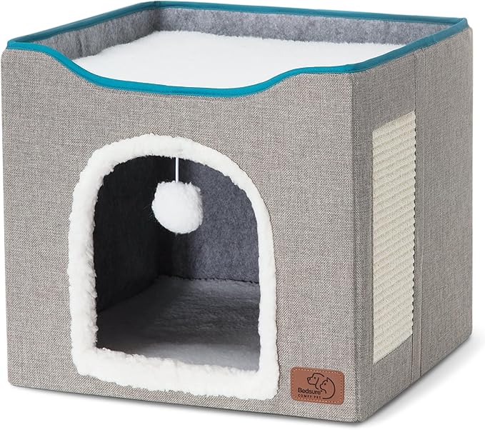 Bedsure Cat Beds for Indoor Cats - Large Cat Cave for Pet Cat House with Fluffy Ball Hanging and Scratch Pad, Foldable Cat Hideaway, 16.5x16.5x13 inches, Grey