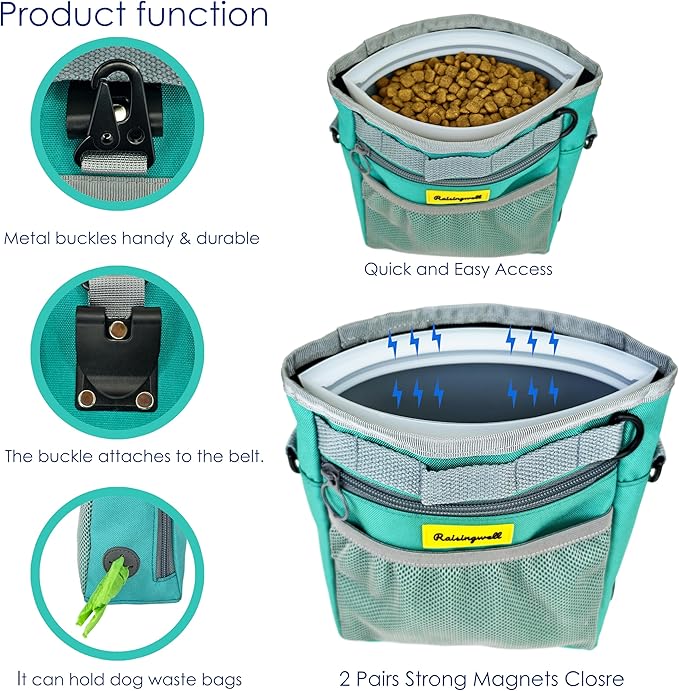 Dog Treat Pouch with Magnetic Closure 4-Cup Silicone Bag Fanny Pack Holder with Clicker 4 Ways to Wear Front Pocket Fits All Phones Ideal for Leash, Pet Walking and Training(Green)