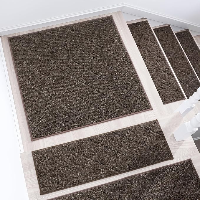 COSY HOMEER Edging Stair Treads Non-Slip Corner Indoor Stair Runners for Wooden Steps,Landing Slip Resistant Stair Rugs Mat for Kids and Dogs,100% Polyester TPE Backing,Brown,30x30 inch