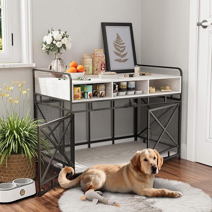 Dog Crate Furniture, 48" Heavy Duty Wooden Dog Crate End Table, XL Dog Kennel Furniture Large Breed, Decorative Dog Kennel Indoor with 3 Drawers & Steel Tube 48"L x28"W x36"H (White and Black)