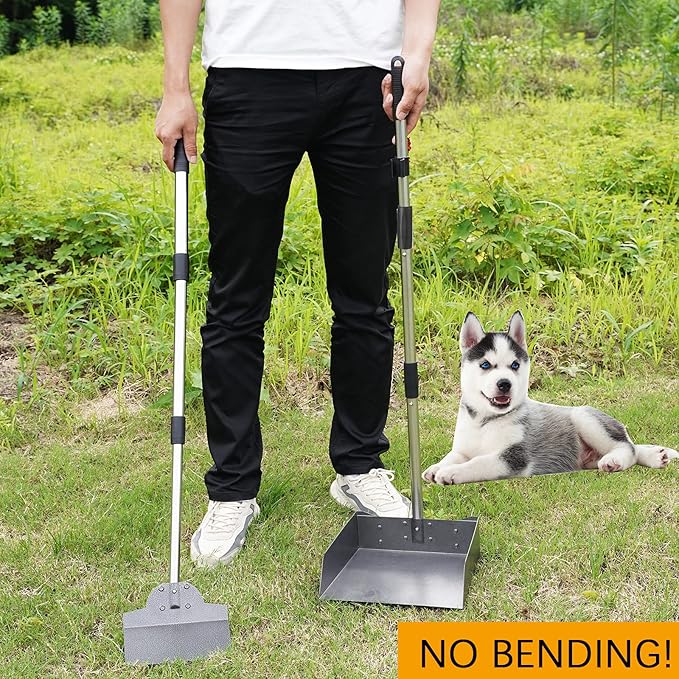 Dog Pooper Scooper for Large Dogs, Metal Aluminum Tray and Spade Poop Scoop Set with Adjustable Stainless Steel Long Handle, Pet Waste Removal Heavy Duty Poop Scooper