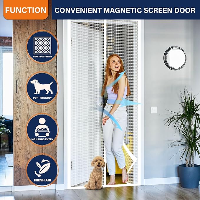 Magnetic Screen Door,Screen Door Mesh,Keep Bugs Out, Heavy-Duty Mesh Curtain,Pet and Kid Friendly, Works with Front Doors, Sliding Doors(38x82 Inch White