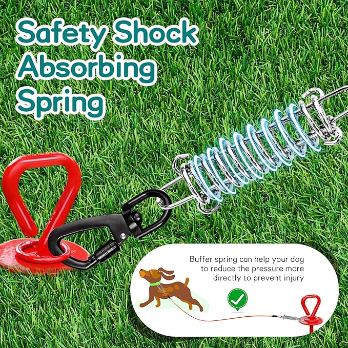 Tie Out Cable Chew Proof 50FT, Heavy Duty Lead for Large Dogs, Runner Cable With Spring for Training Outside Yard & Camping - Red