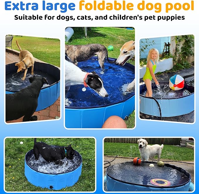 Foldable Dog Pool, 32" x 8" Kiddie Pool with Hard Plastic, Non-Slip Dog Bath Tub for Outdoor Backyard, Collapsible Dog Swimming Pool for Kids Dogs Pets (Blue)