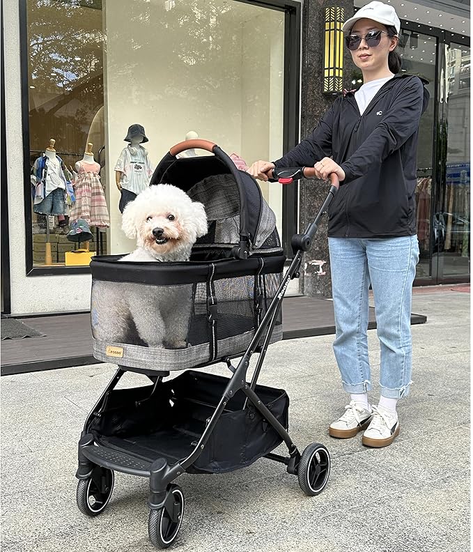 ROODO Fashion 3-in-1 Dog Cat Stroller with Detachable Carrier&Car Seat Combo Best Lightweight Folding Portable All-Terrain Travel Pet Gear Puppy Doggie Kitty Stroller for up to 30 lbs(Grey Lattice)