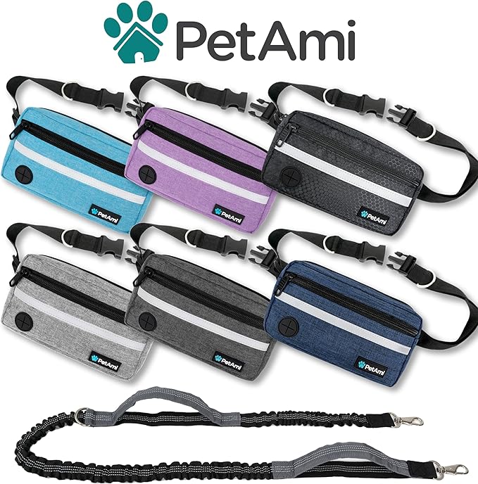 PetAmi Hands Free Dog Leash, Running Leash Belt Walking, Jogging, Waist Zipper Pouch with Poop Bag Dispenser, Dual Padded Handles, Reflective Durable Bungee Single, Heather Grey, 1 Leash