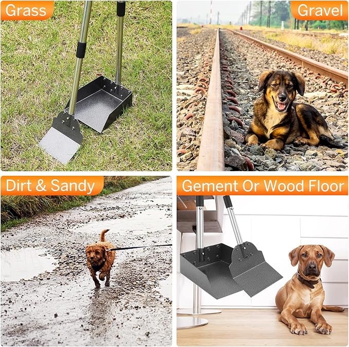 Pooper Scooper, Metal Aluminum Tray and Spade Poop Scoop Set with Adjustable Stainless Steel Long Handle, Pet Waste Removal Heavy Duty Poop Scooper (Small Tray&Spade)