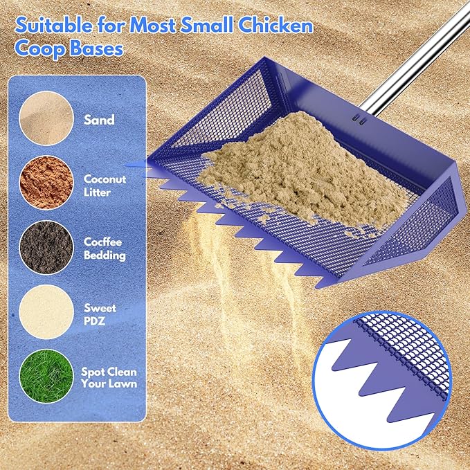 Chicken Poop Scooper & Rake 2-in-1, 304 Stainless Steel Shovel Head, Chicken Litter Scoop with Handle for Chicken Coop & Pet Waste Cleaning, Litter Sifting Shovel (35 to 65") US Patent Pending