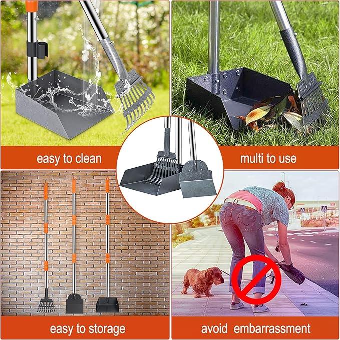 Niubya Pooper Scooper for Dogs, Metal Poop Scooper Tray Spade and Rake Set, Poop Scoop with Adjustable Long Handle, Dog Pooper Scooper for Pet Waste Removal